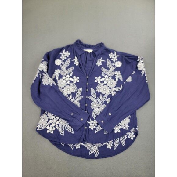 Pilcro Shirt Womens Large Blue Floral Embroidered Button Up Tunic Long Sleeve - Picture 1 of 12